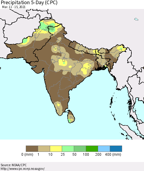 Southern Asia Precipitation 5-Day (CPC) Thematic Map For 3/11/2021 - 3/15/2021