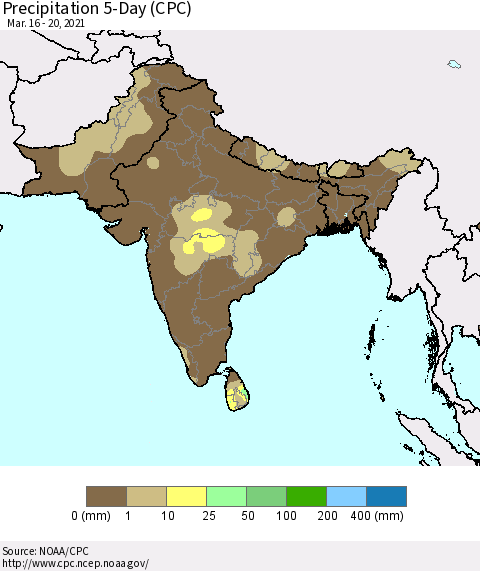 Southern Asia Precipitation 5-Day (CPC) Thematic Map For 3/16/2021 - 3/20/2021