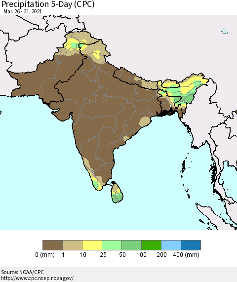 Southern Asia Precipitation 5-Day (CPC) Thematic Map For 3/26/2021 - 3/31/2021