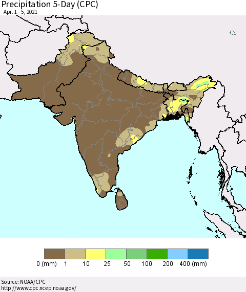 Southern Asia Precipitation 5-Day (CPC) Thematic Map For 4/1/2021 - 4/5/2021