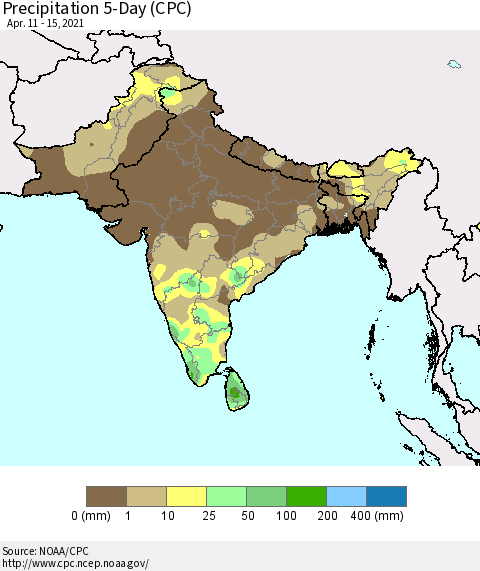 Southern Asia Precipitation 5-Day (CPC) Thematic Map For 4/11/2021 - 4/15/2021