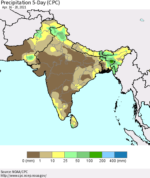 Southern Asia Precipitation 5-Day (CPC) Thematic Map For 4/16/2021 - 4/20/2021