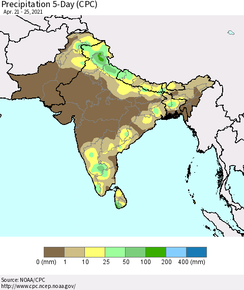 Southern Asia Precipitation 5-Day (CPC) Thematic Map For 4/21/2021 - 4/25/2021