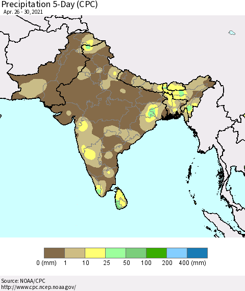Southern Asia Precipitation 5-Day (CPC) Thematic Map For 4/26/2021 - 4/30/2021