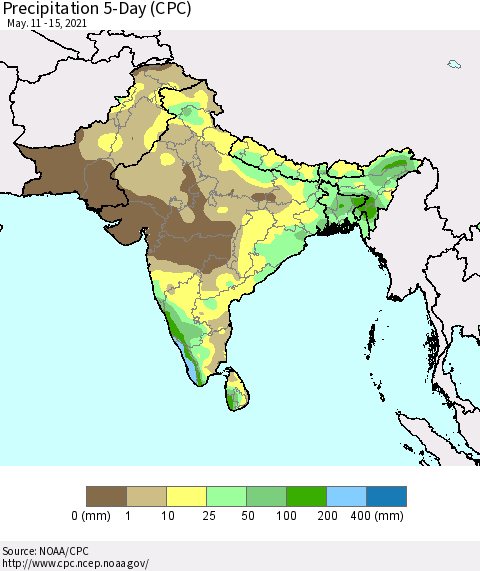 Southern Asia Precipitation 5-Day (CPC) Thematic Map For 5/11/2021 - 5/15/2021