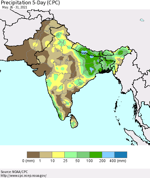Southern Asia Precipitation 5-Day (CPC) Thematic Map For 5/26/2021 - 5/31/2021