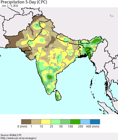 Southern Asia Precipitation 5-Day (CPC) Thematic Map For 6/1/2021 - 6/5/2021