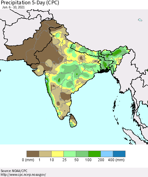 Southern Asia Precipitation 5-Day (CPC) Thematic Map For 6/6/2021 - 6/10/2021