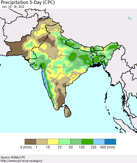 Southern Asia Precipitation 5-Day (CPC) Thematic Map For 6/16/2021 - 6/20/2021