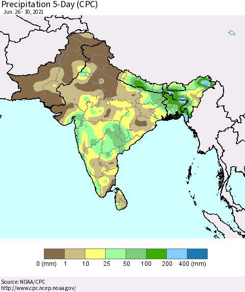 Southern Asia Precipitation 5-Day (CPC) Thematic Map For 6/26/2021 - 6/30/2021