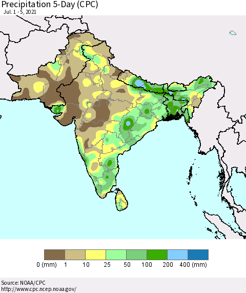 Southern Asia Precipitation 5-Day (CPC) Thematic Map For 7/1/2021 - 7/5/2021