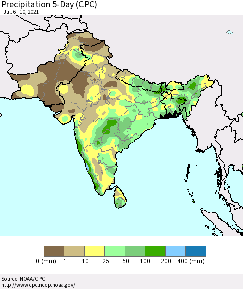 Southern Asia Precipitation 5-Day (CPC) Thematic Map For 7/6/2021 - 7/10/2021