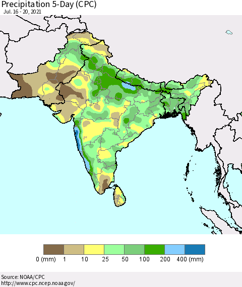 Southern Asia Precipitation 5-Day (CPC) Thematic Map For 7/16/2021 - 7/20/2021