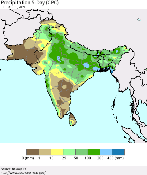 Southern Asia Precipitation 5-Day (CPC) Thematic Map For 7/26/2021 - 7/31/2021