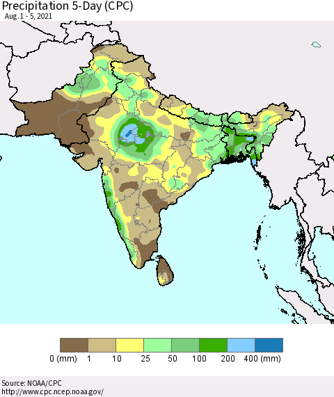 Southern Asia Precipitation 5-Day (CPC) Thematic Map For 8/1/2021 - 8/5/2021