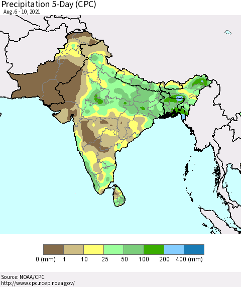 Southern Asia Precipitation 5-Day (CPC) Thematic Map For 8/6/2021 - 8/10/2021