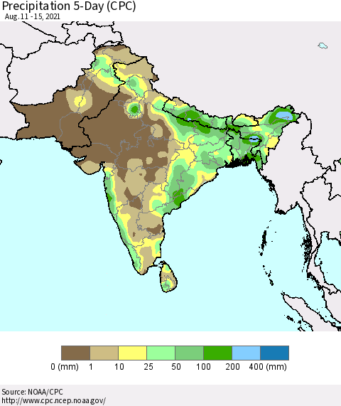 Southern Asia Precipitation 5-Day (CPC) Thematic Map For 8/11/2021 - 8/15/2021