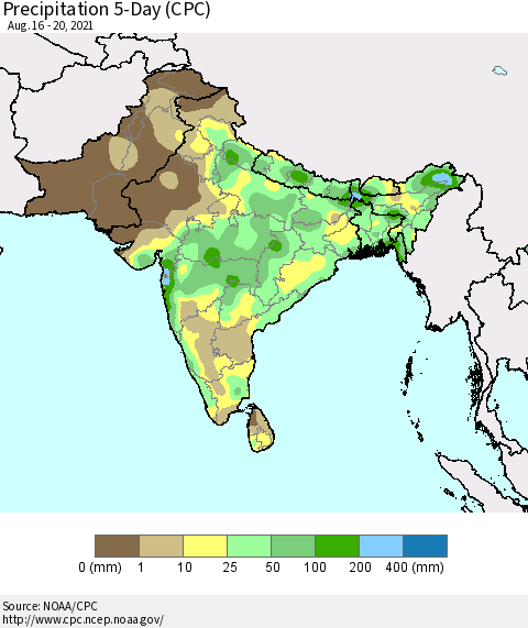 Southern Asia Precipitation 5-Day (CPC) Thematic Map For 8/16/2021 - 8/20/2021