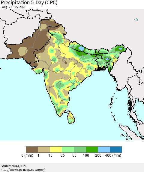 Southern Asia Precipitation 5-Day (CPC) Thematic Map For 8/21/2021 - 8/25/2021
