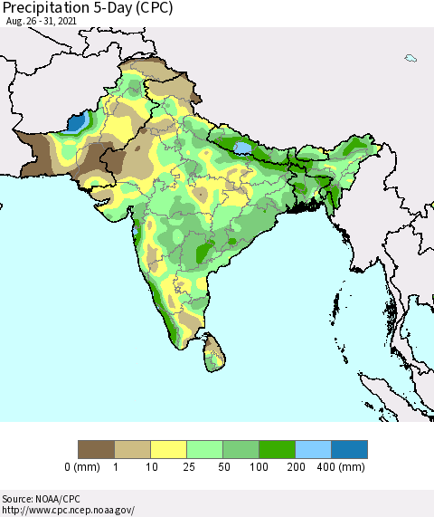 Southern Asia Precipitation 5-Day (CPC) Thematic Map For 8/26/2021 - 8/31/2021