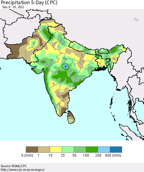 Southern Asia Precipitation 5-Day (CPC) Thematic Map For 9/6/2021 - 9/10/2021