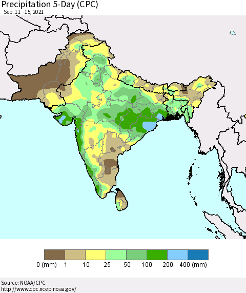 Southern Asia Precipitation 5-Day (CPC) Thematic Map For 9/11/2021 - 9/15/2021