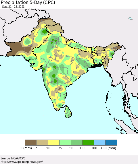 Southern Asia Precipitation 5-Day (CPC) Thematic Map For 9/21/2021 - 9/25/2021