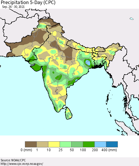 Southern Asia Precipitation 5-Day (CPC) Thematic Map For 9/26/2021 - 9/30/2021