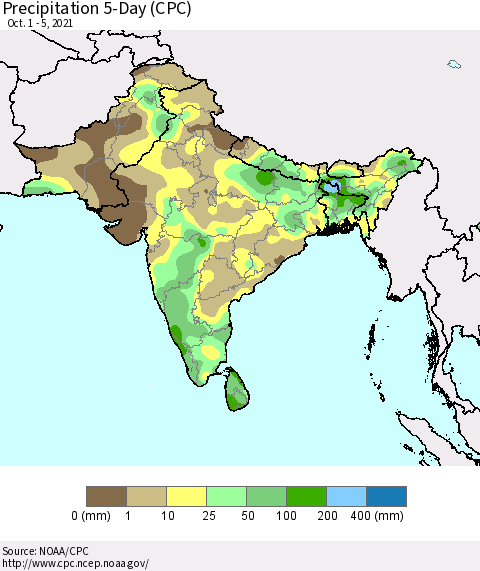 Southern Asia Precipitation 5-Day (CPC) Thematic Map For 10/1/2021 - 10/5/2021