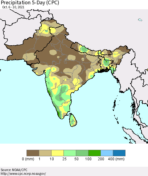 Southern Asia Precipitation 5-Day (CPC) Thematic Map For 10/6/2021 - 10/10/2021