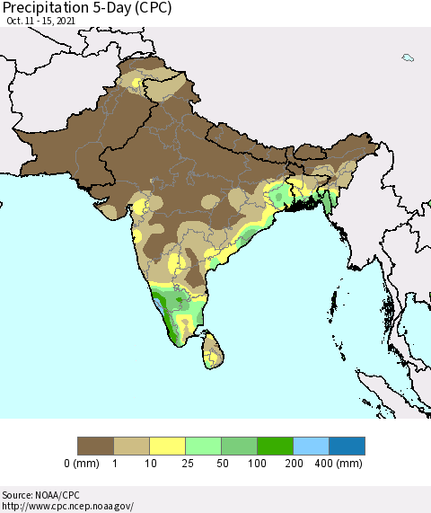 Southern Asia Precipitation 5-Day (CPC) Thematic Map For 10/11/2021 - 10/15/2021