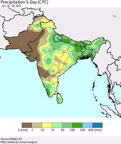 Southern Asia Precipitation 5-Day (CPC) Thematic Map For 10/16/2021 - 10/20/2021