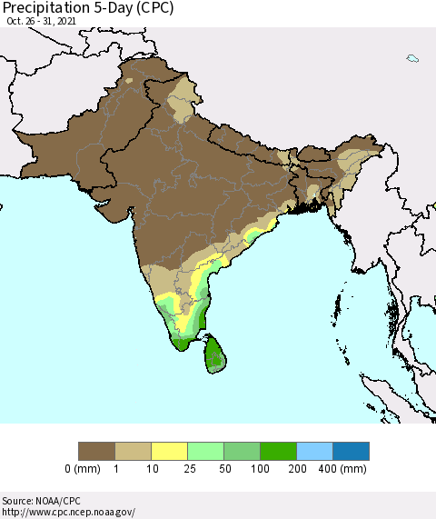Southern Asia Precipitation 5-Day (CPC) Thematic Map For 10/26/2021 - 10/31/2021