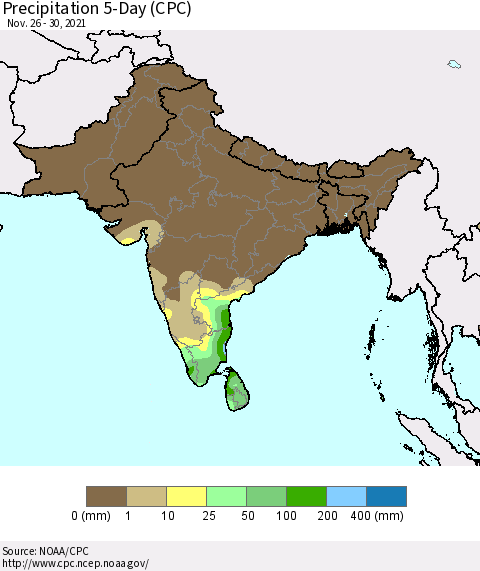 Southern Asia Precipitation 5-Day (CPC) Thematic Map For 11/26/2021 - 11/30/2021