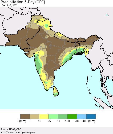 Southern Asia Precipitation 5-Day (CPC) Thematic Map For 12/1/2021 - 12/5/2021