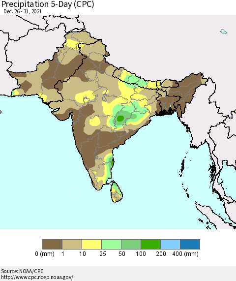 Southern Asia Precipitation 5-Day (CPC) Thematic Map For 12/26/2021 - 12/31/2021