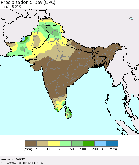 Southern Asia Precipitation 5-Day (CPC) Thematic Map For 1/1/2022 - 1/5/2022