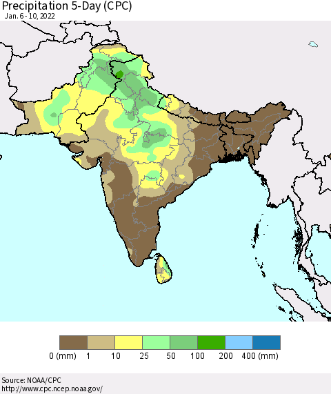 Southern Asia Precipitation 5-Day (CPC) Thematic Map For 1/6/2022 - 1/10/2022