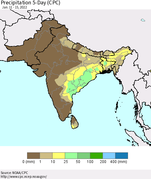 Southern Asia Precipitation 5-Day (CPC) Thematic Map For 1/11/2022 - 1/15/2022