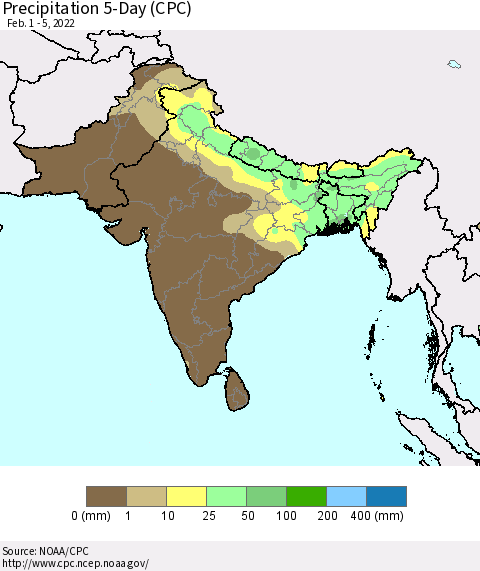 Southern Asia Precipitation 5-Day (CPC) Thematic Map For 2/1/2022 - 2/5/2022