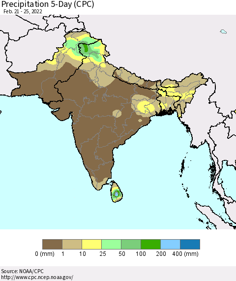 Southern Asia Precipitation 5-Day (CPC) Thematic Map For 2/21/2022 - 2/25/2022