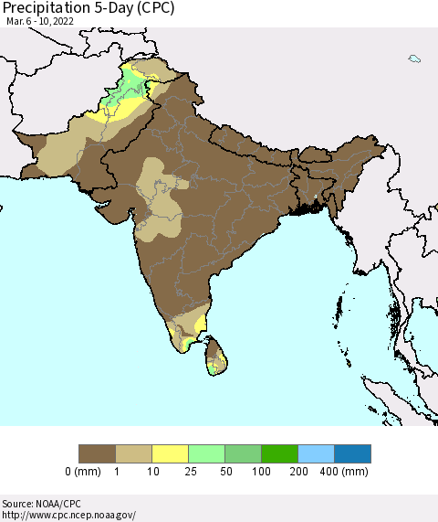 Southern Asia Precipitation 5-Day (CPC) Thematic Map For 3/6/2022 - 3/10/2022