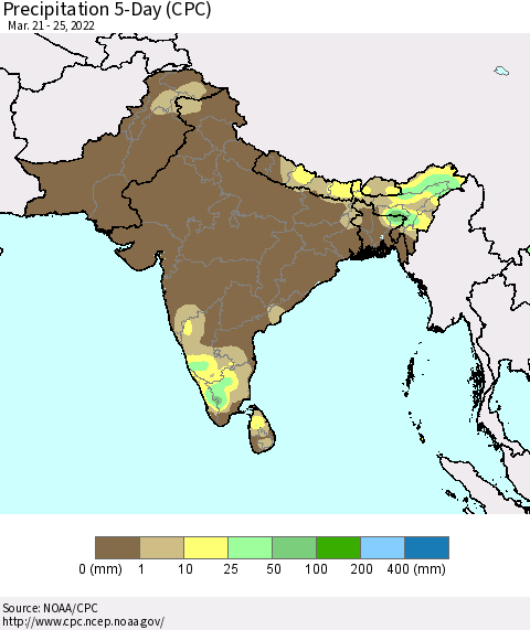 Southern Asia Precipitation 5-Day (CPC) Thematic Map For 3/21/2022 - 3/25/2022
