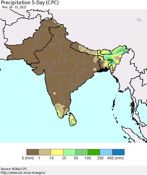 Southern Asia Precipitation 5-Day (CPC) Thematic Map For 3/26/2022 - 3/31/2022