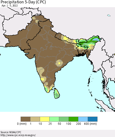 Southern Asia Precipitation 5-Day (CPC) Thematic Map For 4/1/2022 - 4/5/2022