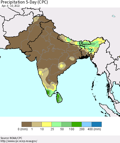 Southern Asia Precipitation 5-Day (CPC) Thematic Map For 4/6/2022 - 4/10/2022