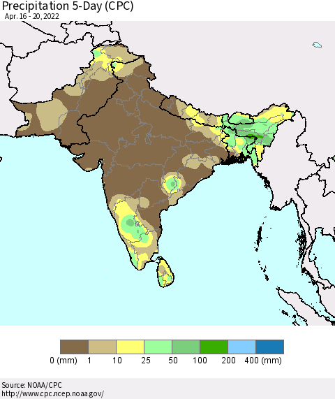 Southern Asia Precipitation 5-Day (CPC) Thematic Map For 4/16/2022 - 4/20/2022