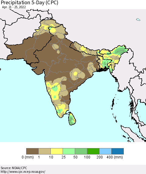 Southern Asia Precipitation 5-Day (CPC) Thematic Map For 4/21/2022 - 4/25/2022