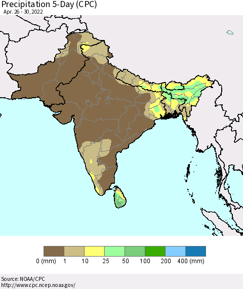 Southern Asia Precipitation 5-Day (CPC) Thematic Map For 4/26/2022 - 4/30/2022