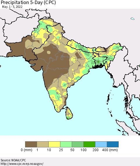 Southern Asia Precipitation 5-Day (CPC) Thematic Map For 5/1/2022 - 5/5/2022